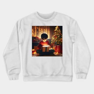 Young child opening a wondrous glowing gift on Christmas morning generative ai Crewneck Sweatshirt